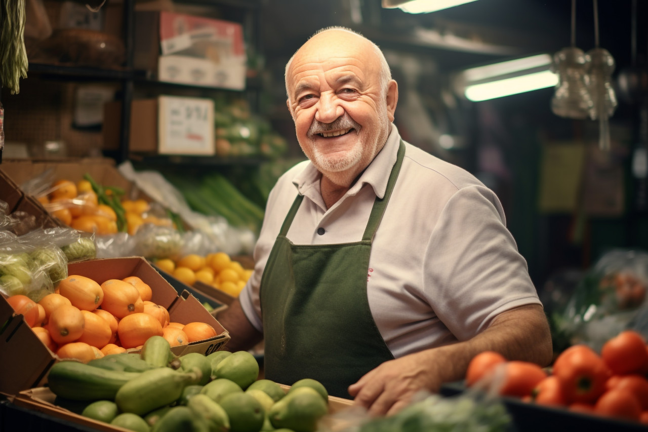 Old greengrocer seller smiling at counter