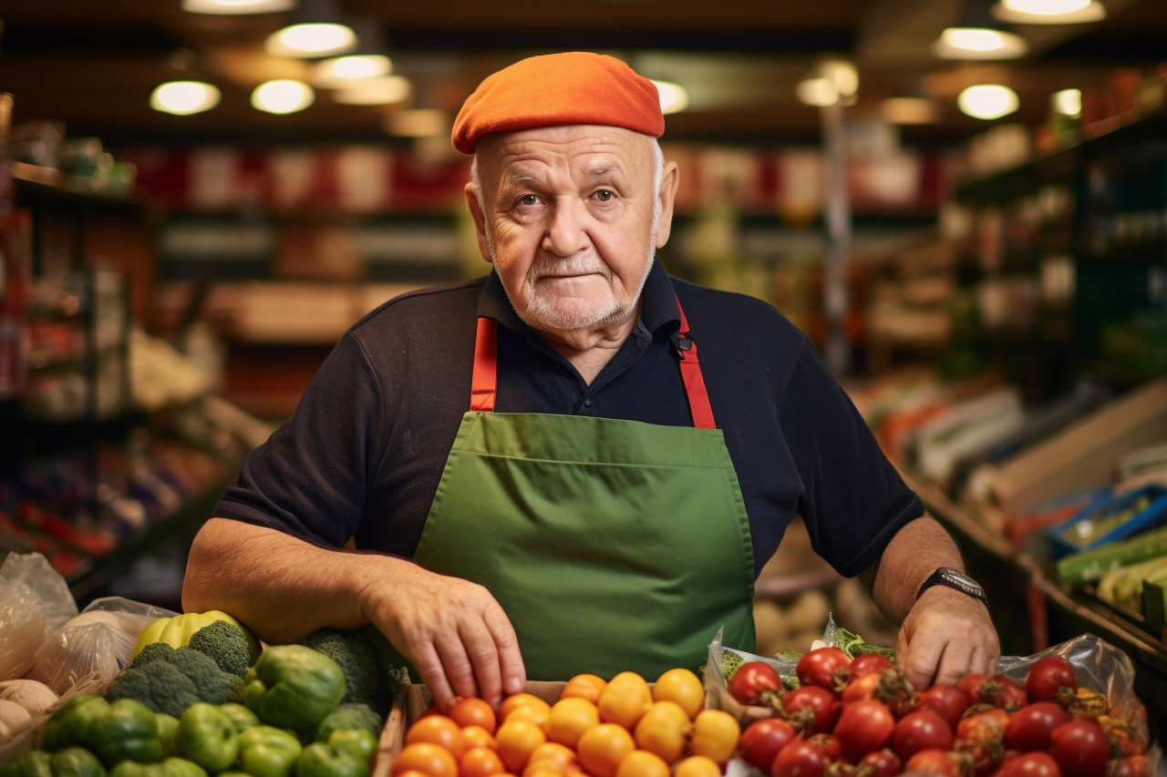 Old greengrocer seller smiling at counter