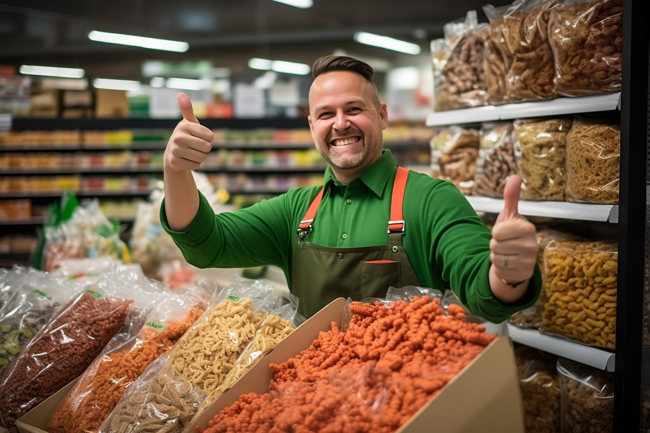 Grocery store salesman gives thumbs up