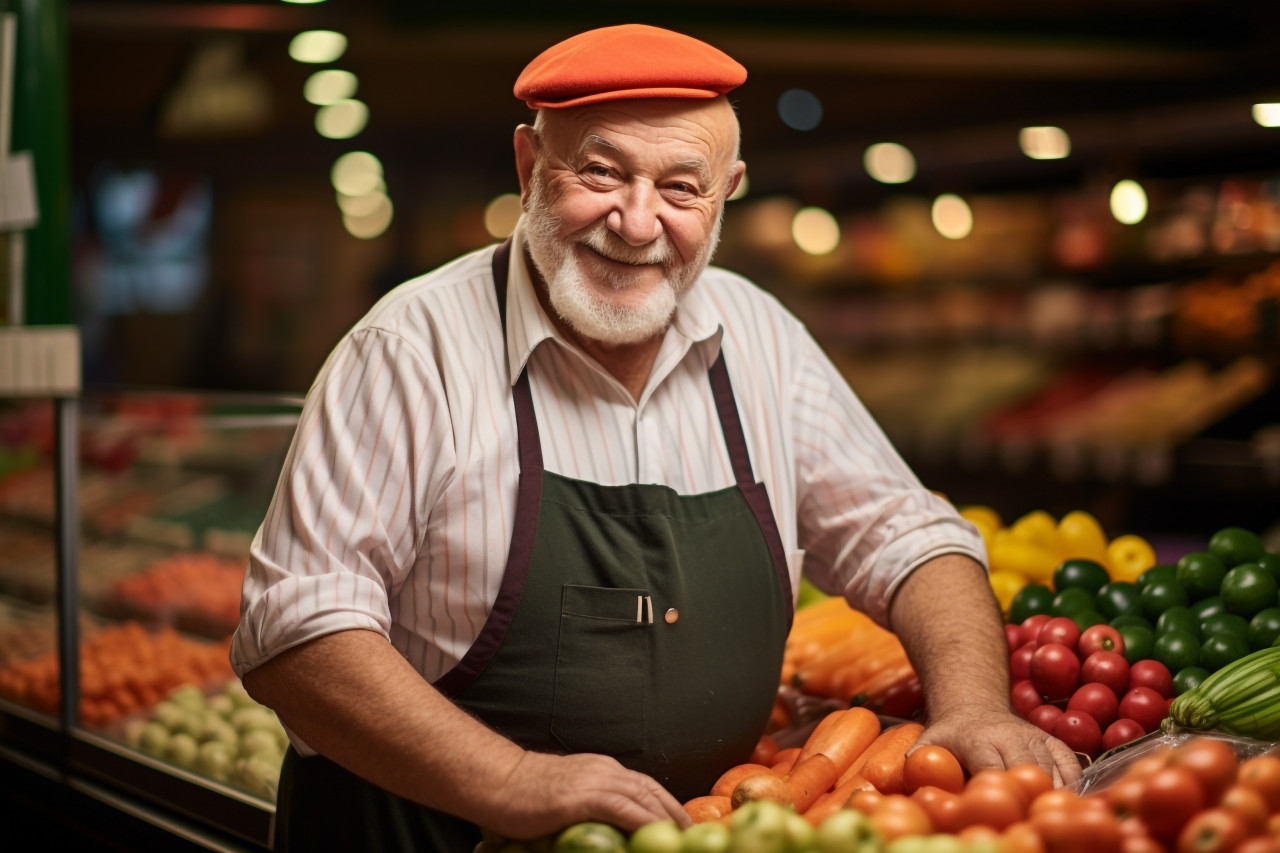 Old greengrocer seller smiling at counter