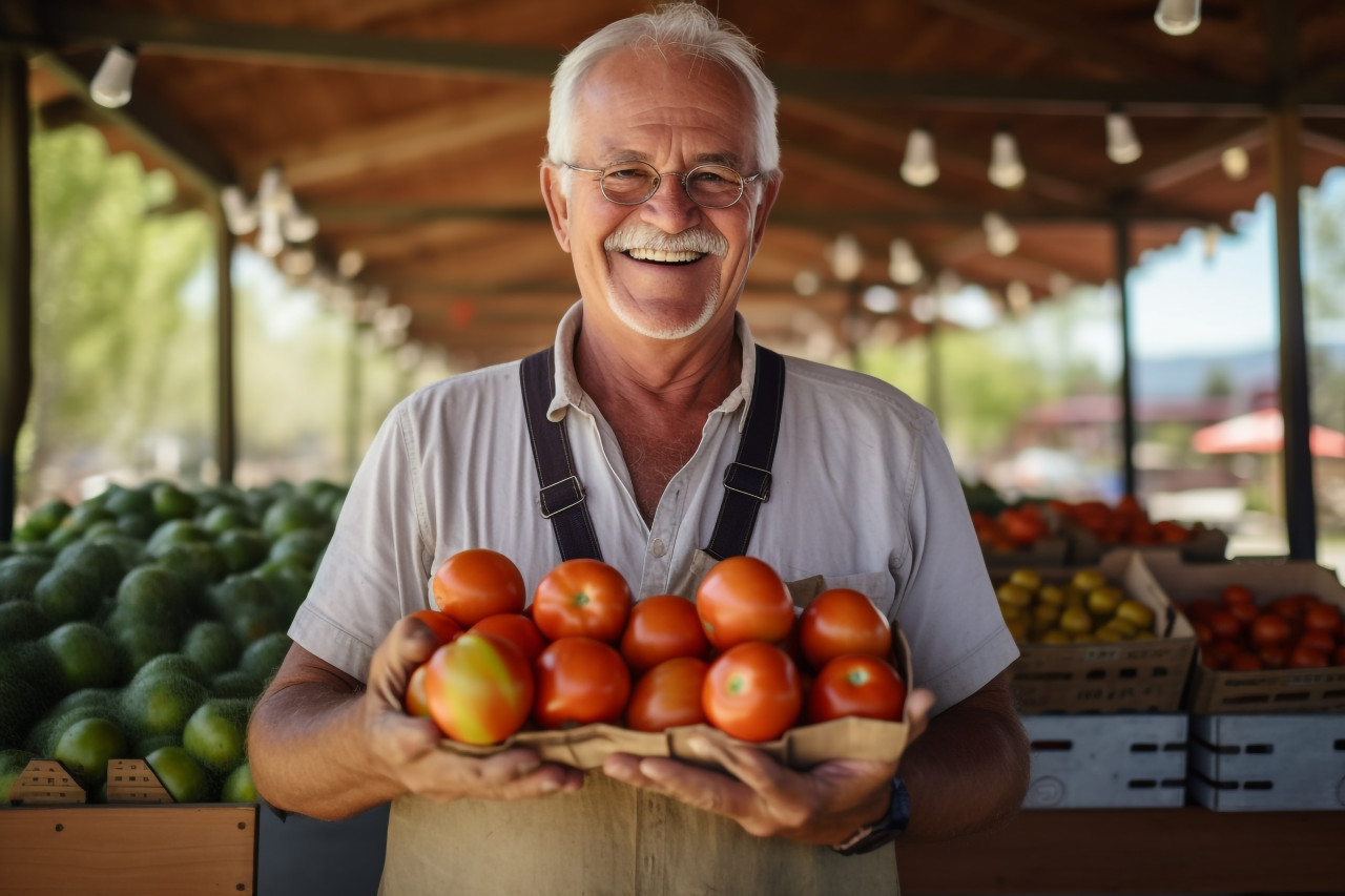 Senior man selling apples at farmers market