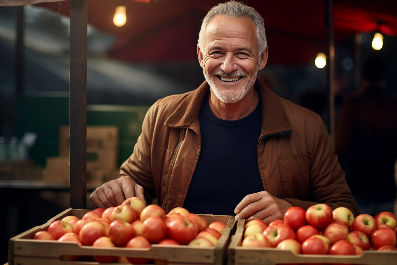 Senior man selling apples at farmers market