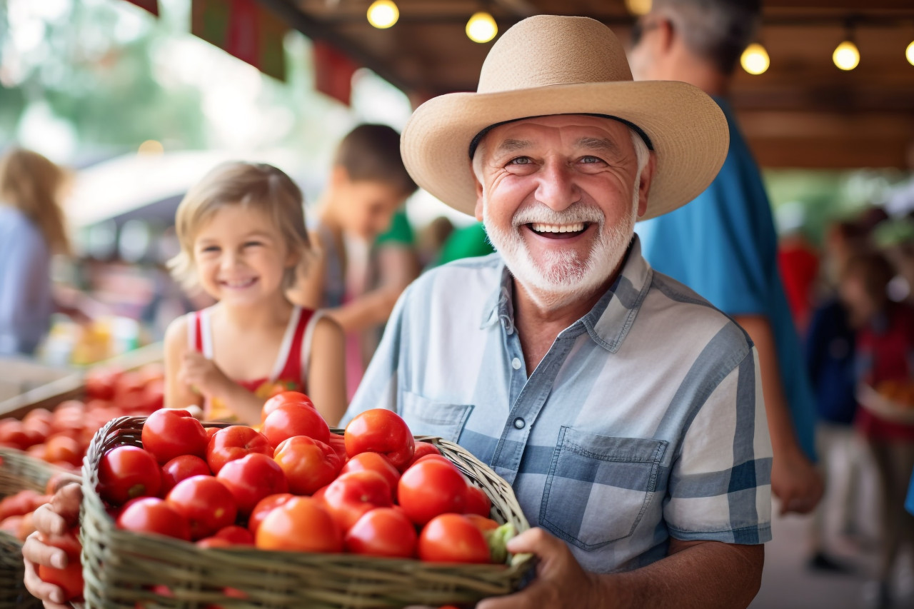 Senior man selling apples at farmers market
