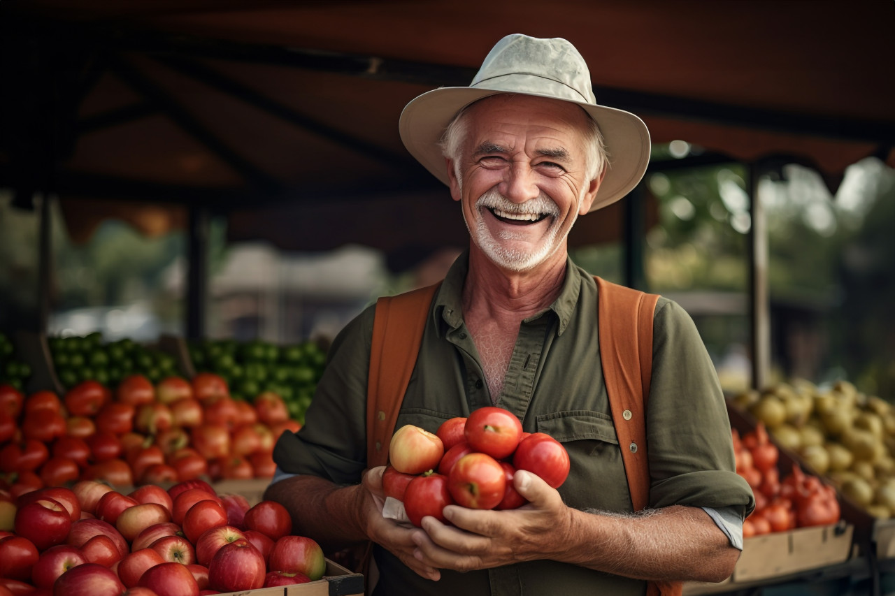 Senior man selling apples at farmers market