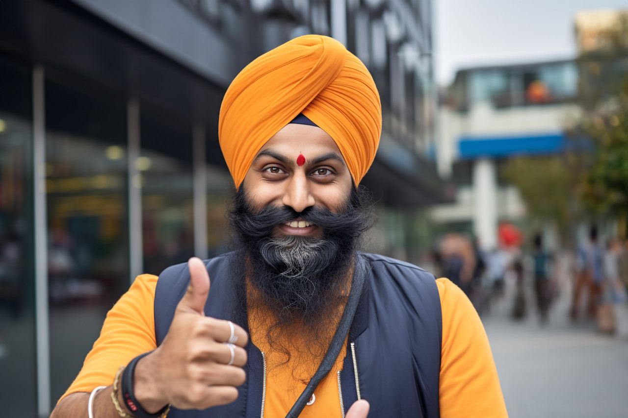 Photo of a sikh man in a grocery store giving a thumbs up sign