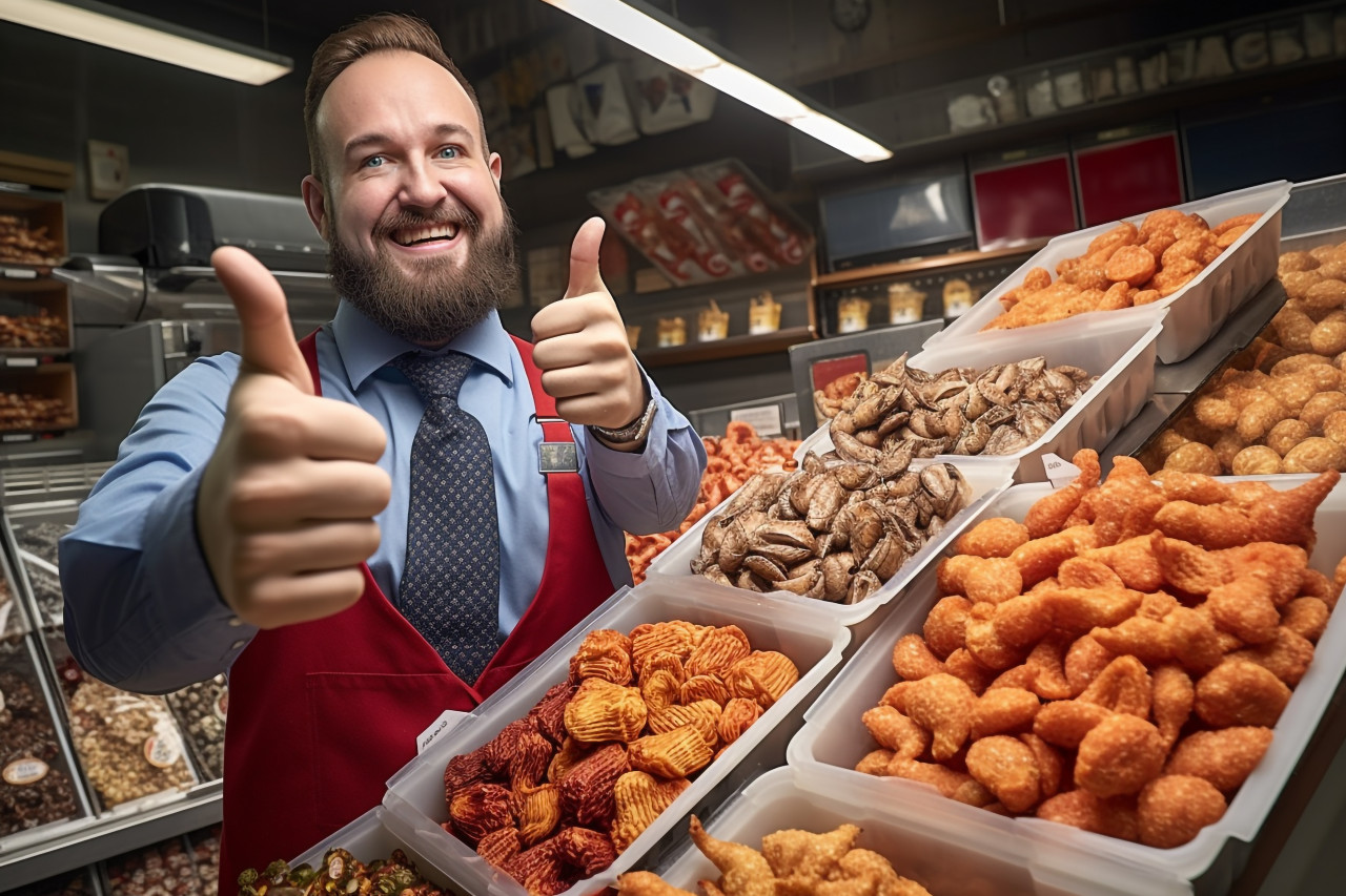 Smiling grocery store salesman giving thumbs up to products