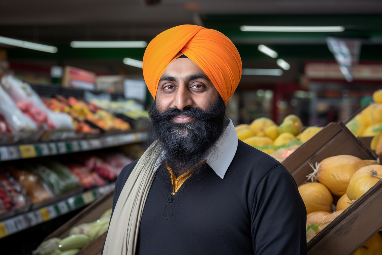 Indian sikh grocery store salesman portrait