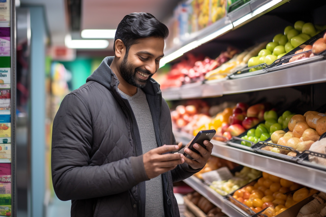 Indian man uses smartphone at grocery store