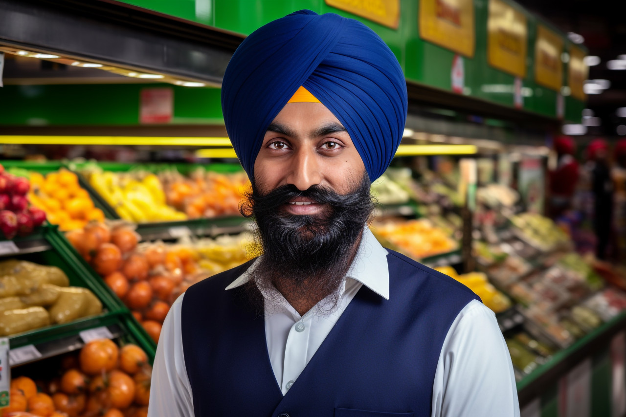 Indian sikh grocery store salesman portrait