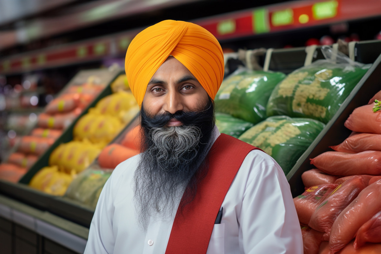 Indian sikh grocery store salesman portrait