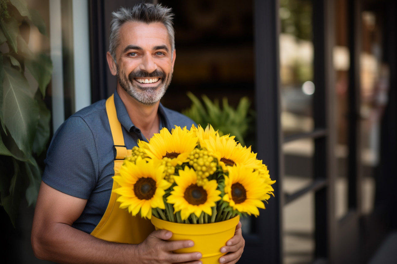 Smiling male florist outside flower shop