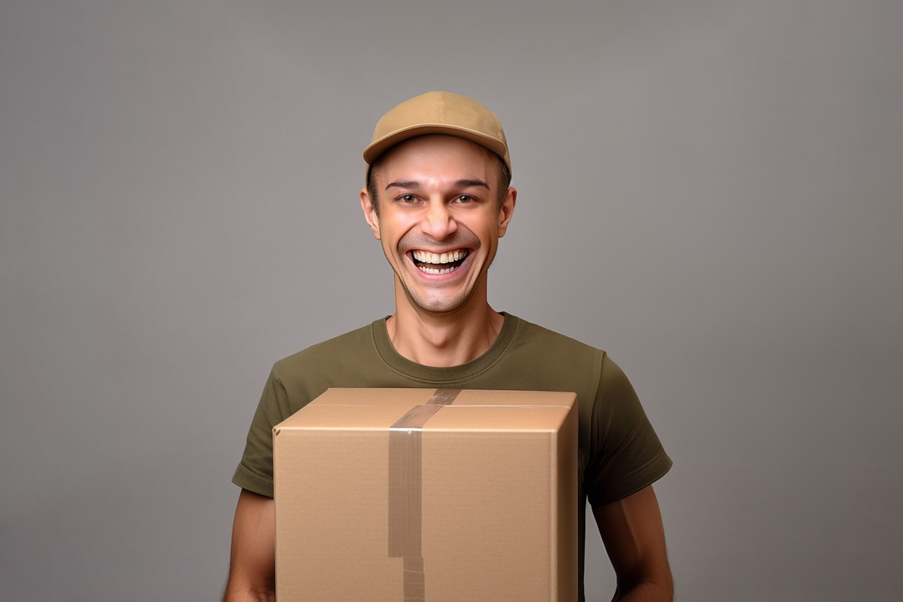 Young delivery man holding package in front of grey background