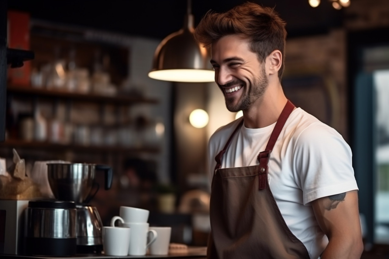 Side view of smiling young barista holding coffee cup at counter