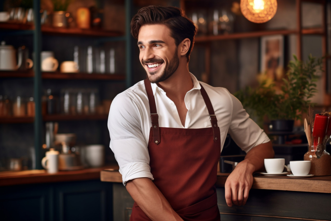 Side view of smiling young barista holding coffee cup at counter