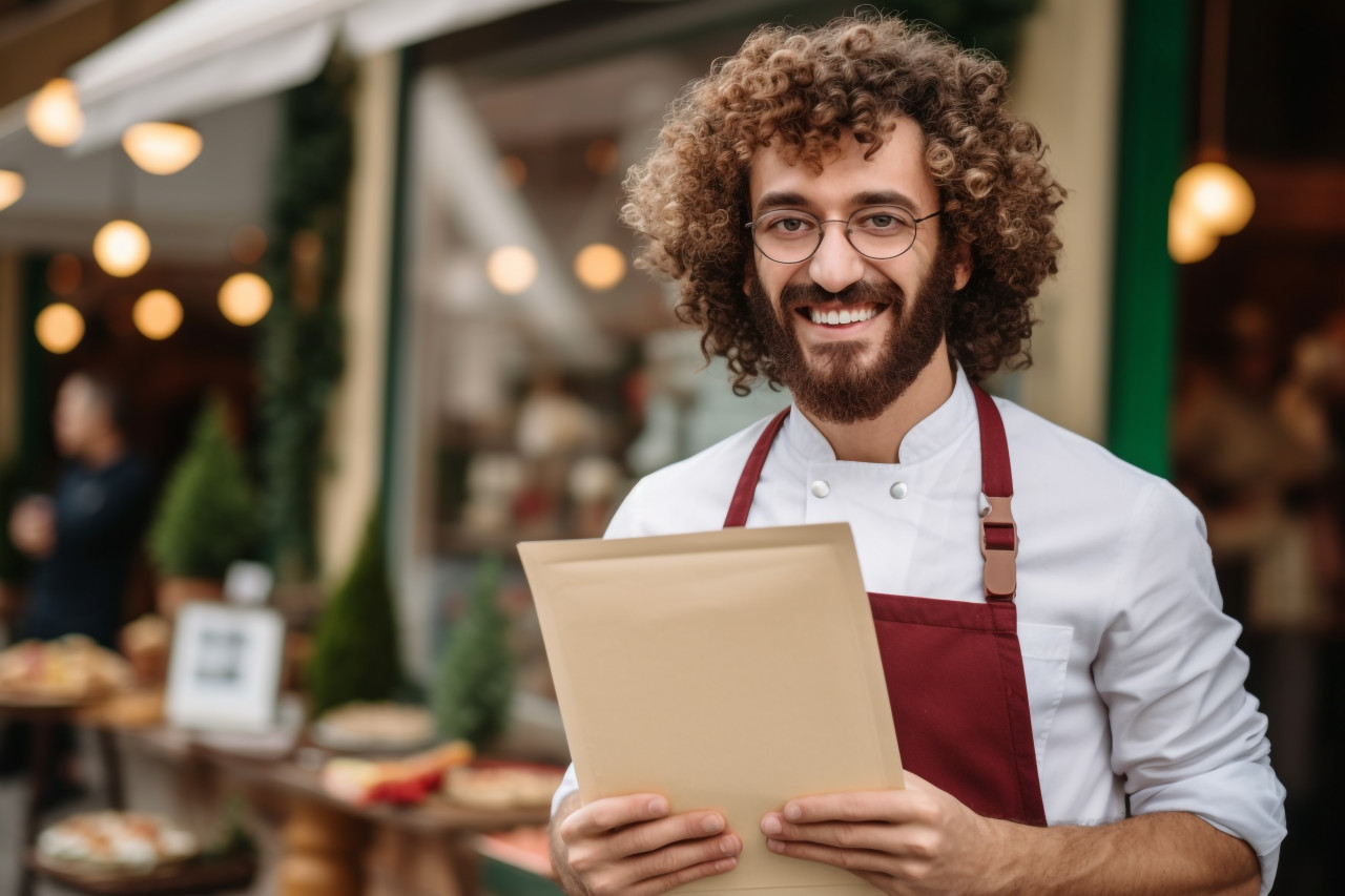 Cheerful italian bakery worker inviting customers in with menu