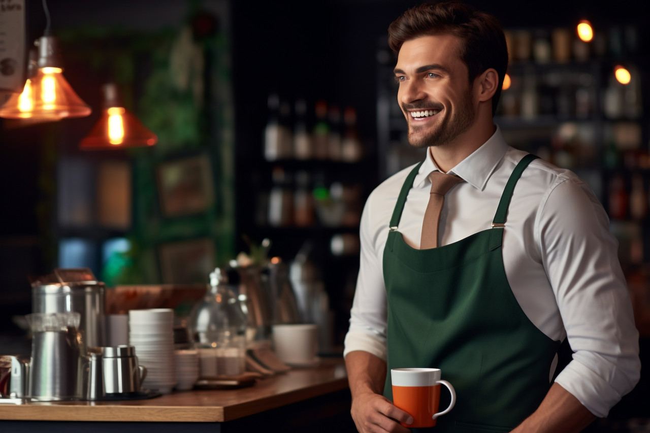 Side view of smiling young barista holding coffee cup at counter