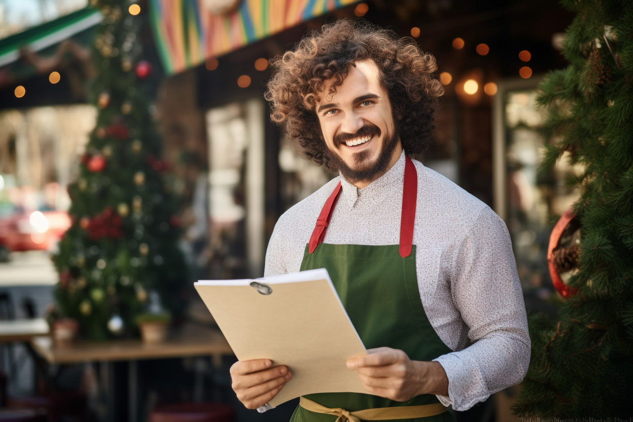 Cheerful italian bakery worker inviting customers in with menu