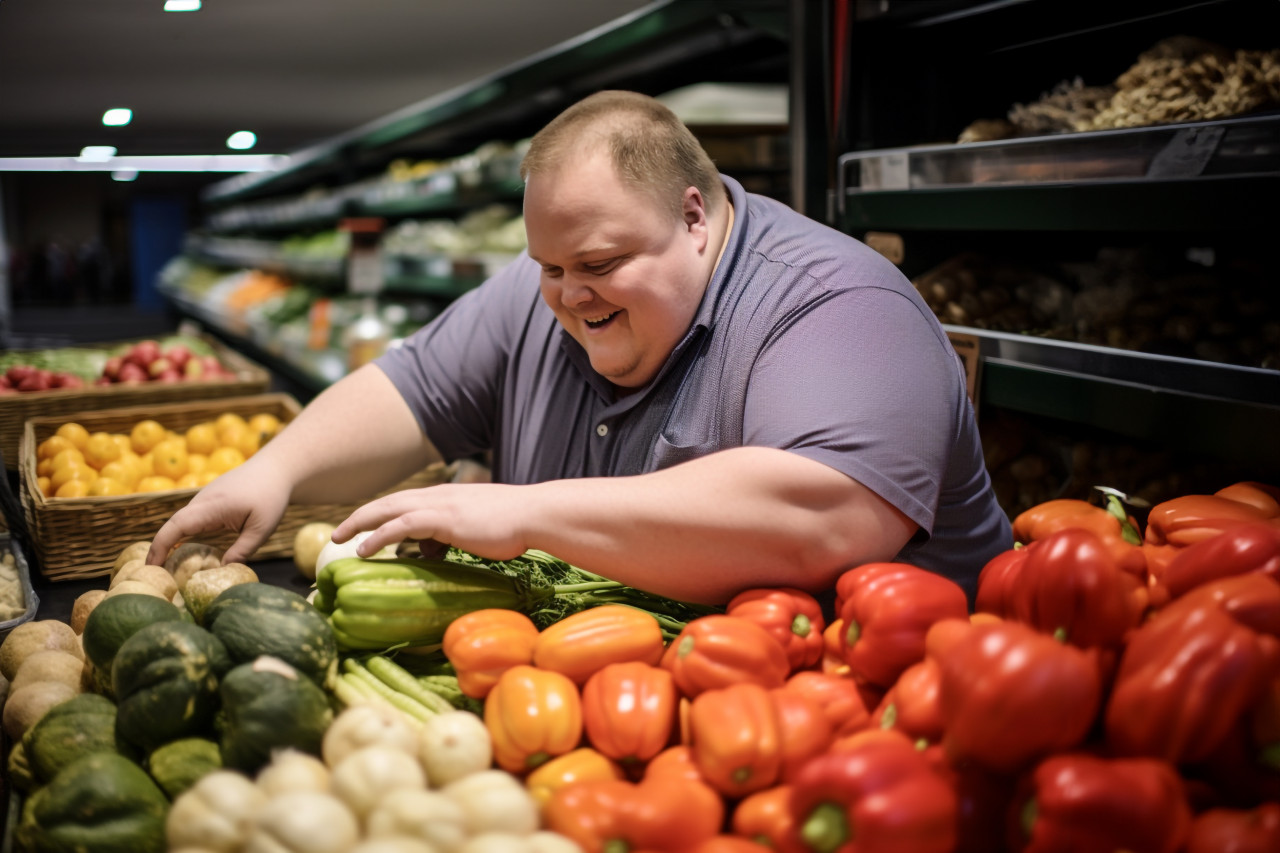 Down syndrome man weighs vegetables at grocery store