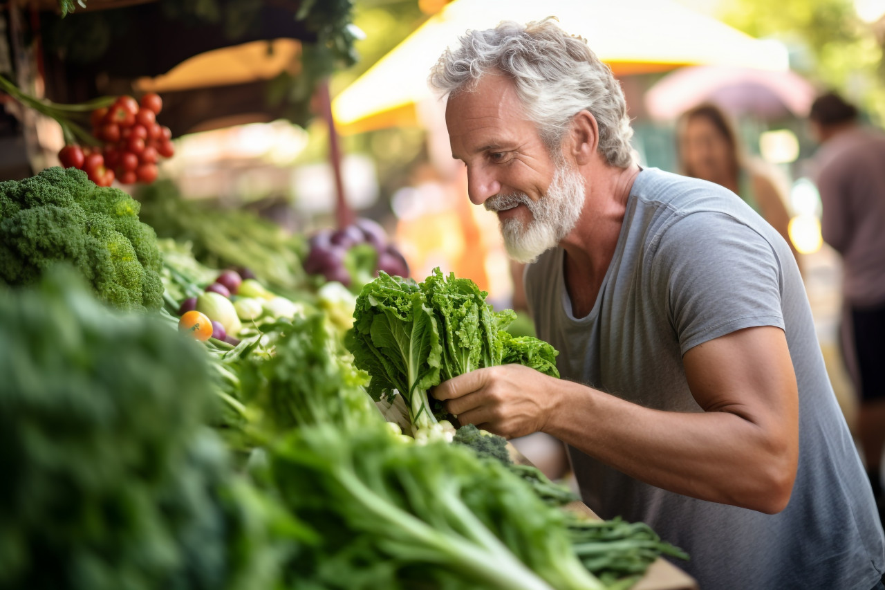Mature man picking fresh produce at farmers market