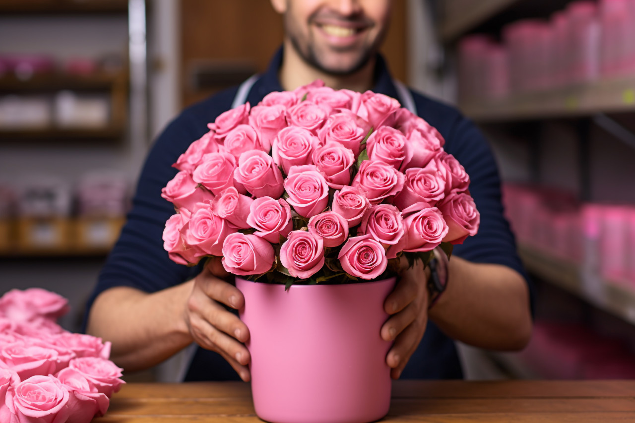 Florist holding pink roses in shop