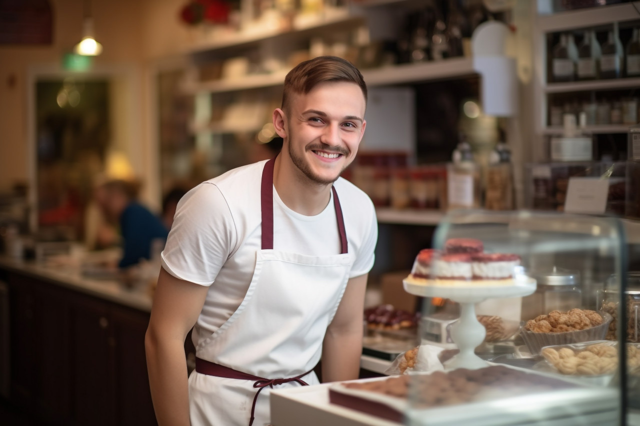 Smiling baker at cash register