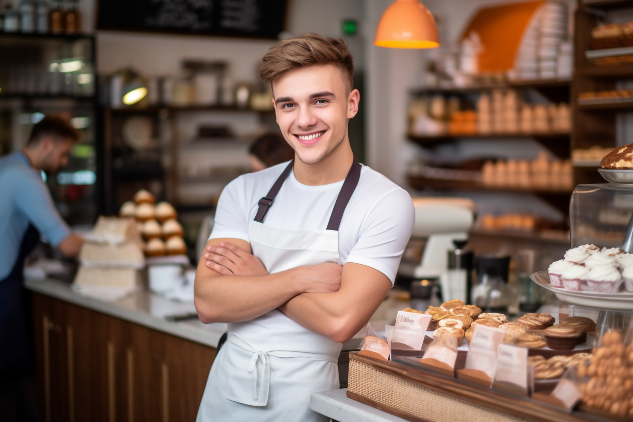Smiling baker at cash register