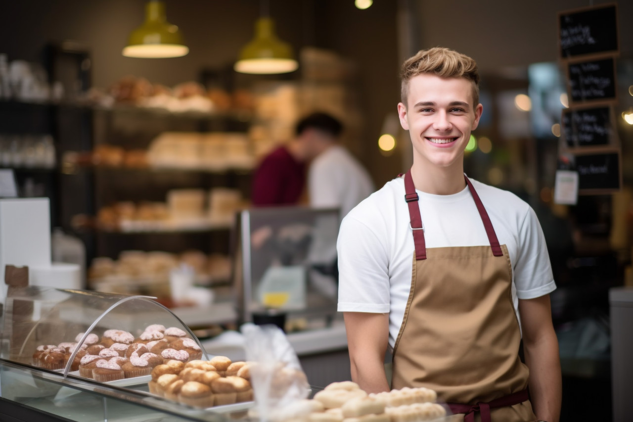 Smiling baker at cash register