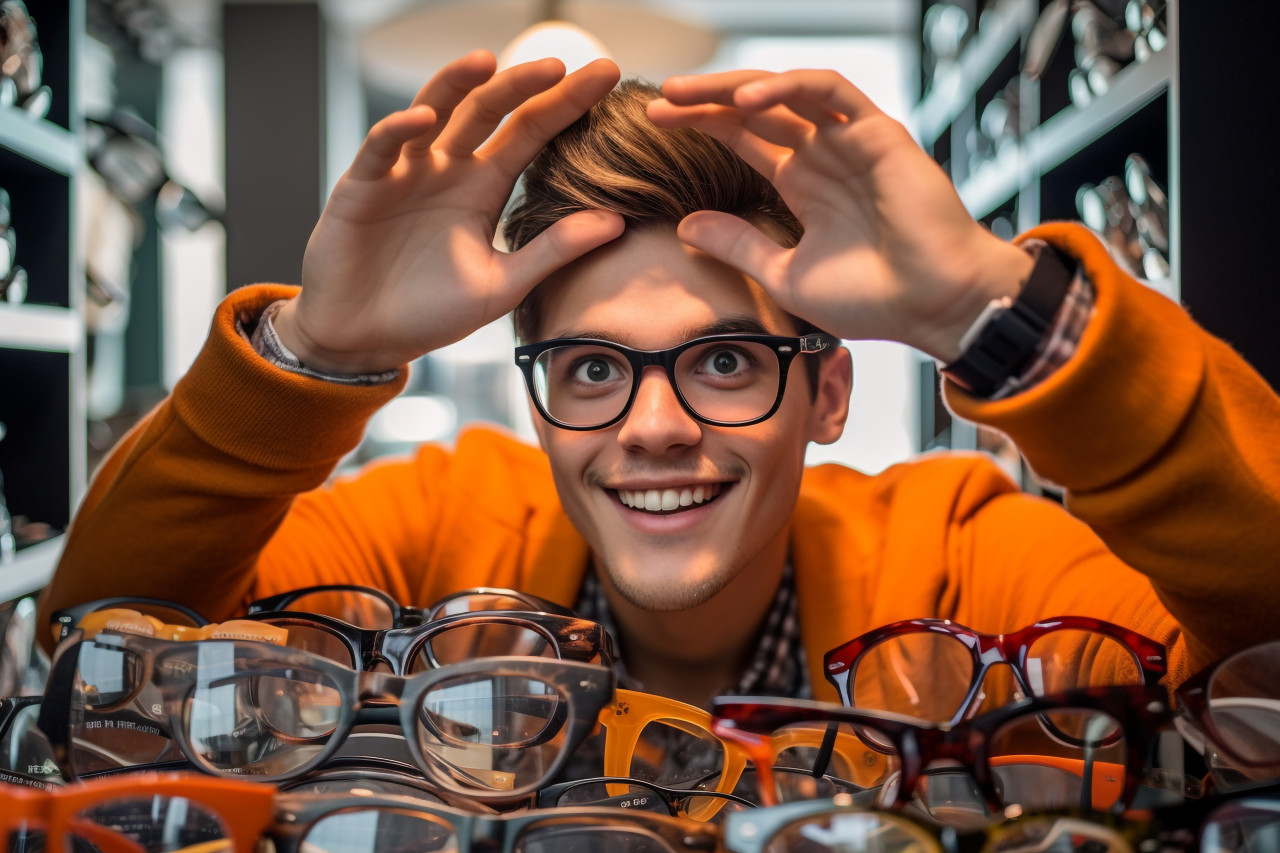 Young mans hands hold glasses at optician while looking for sunglasses