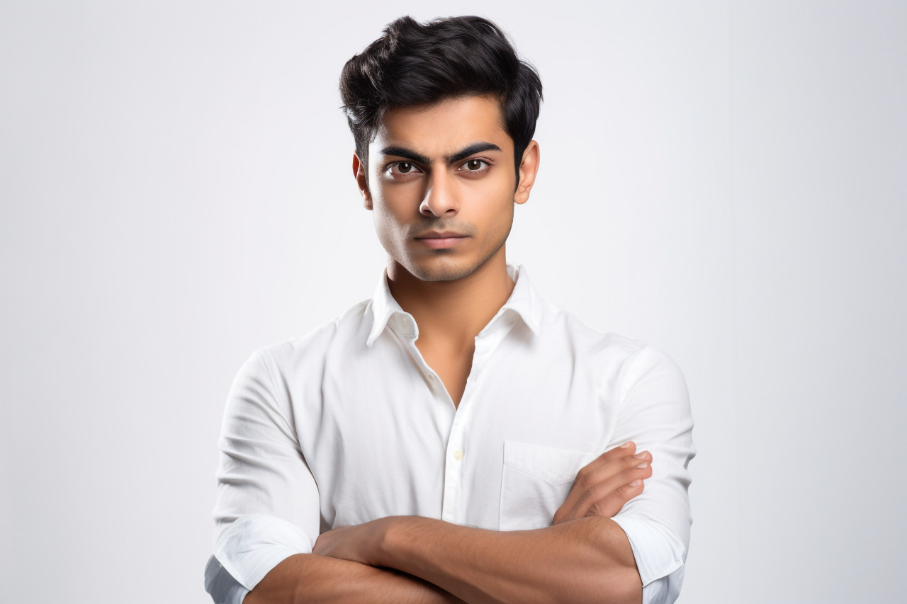 Indian man portrait with crossed arms on white