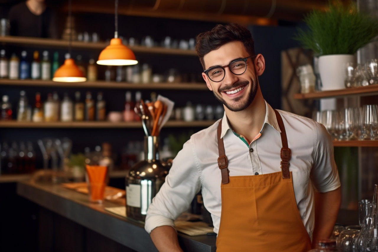 Photo of handsome barista smiling at camera