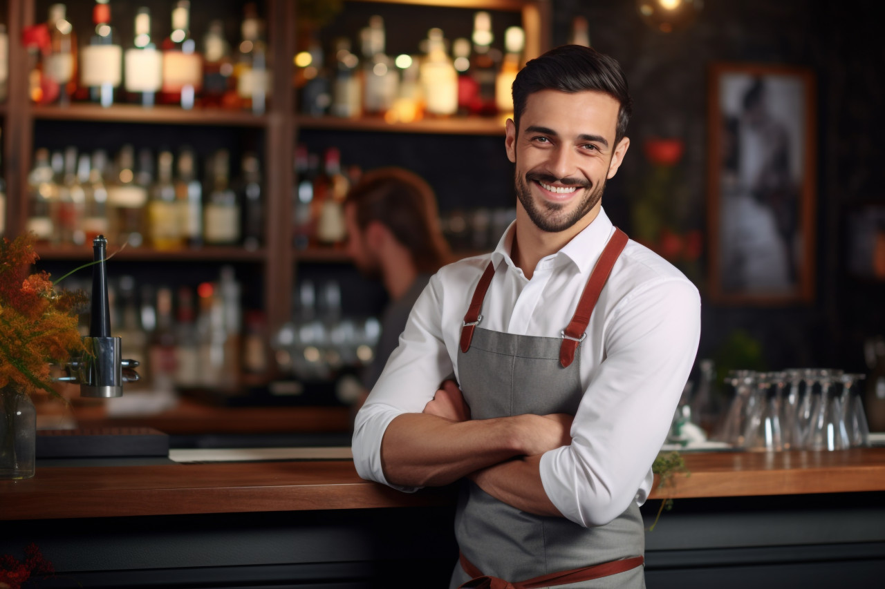 Photo of handsome barista smiling at camera