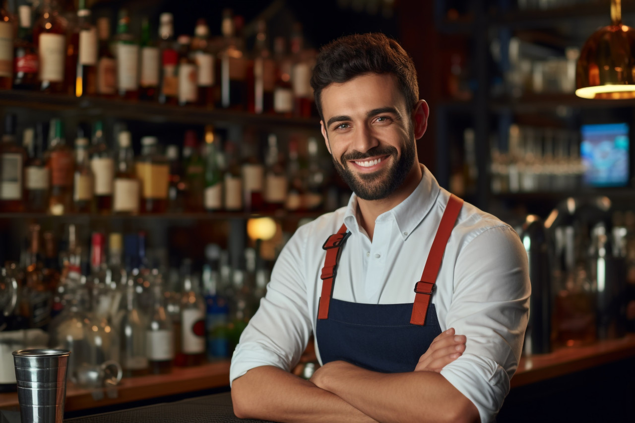 Photo of handsome barista smiling at camera