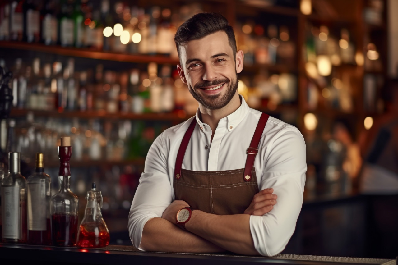 Photo of handsome barista smiling at camera