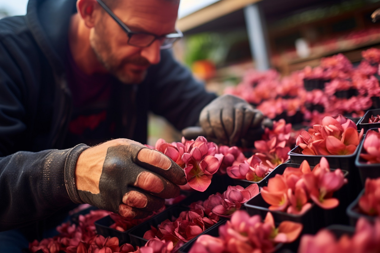Man deadheading kalanchoe flowers in houseplant nursery