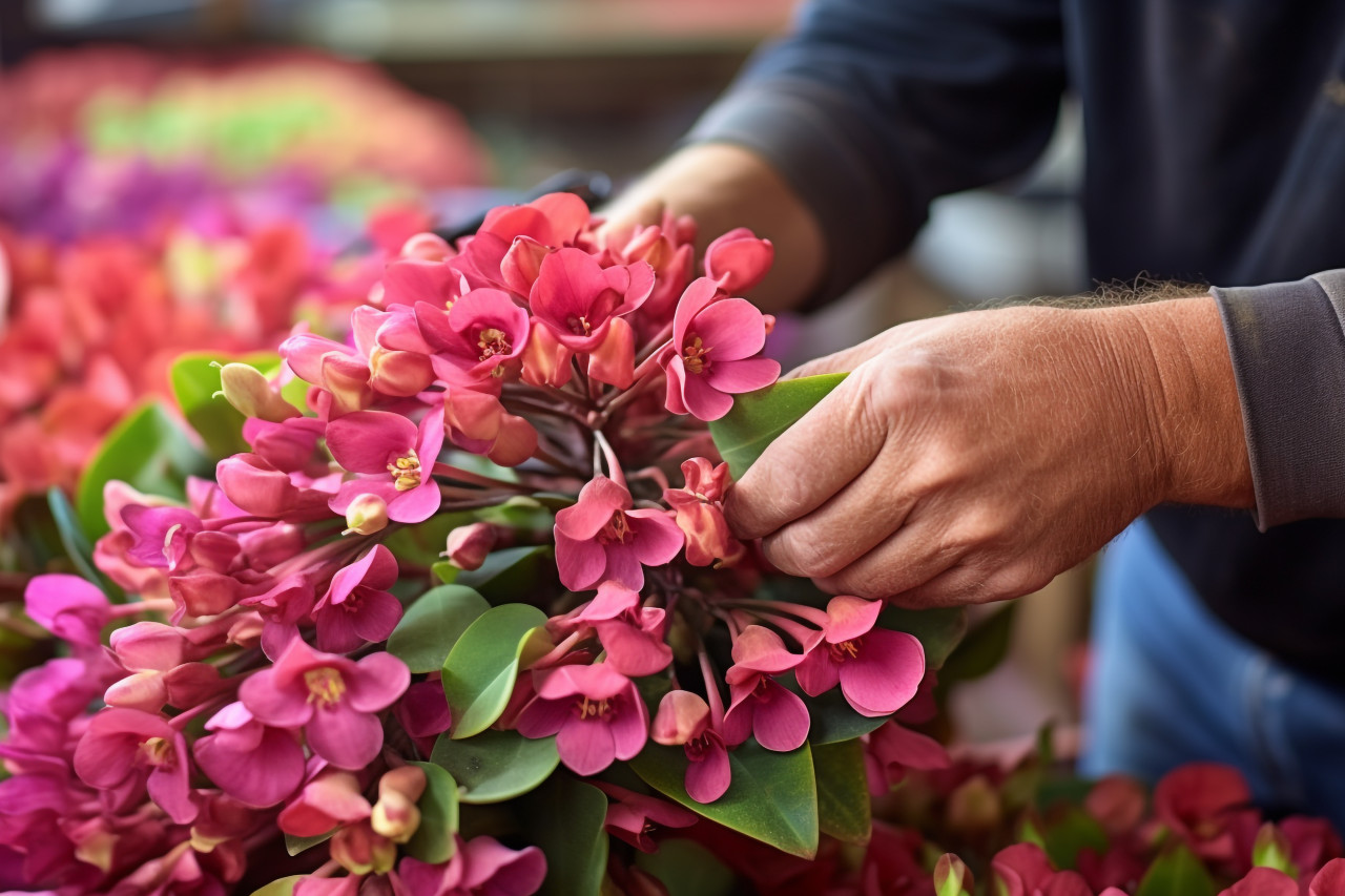 Man deadheading kalanchoe flowers in houseplant nursery