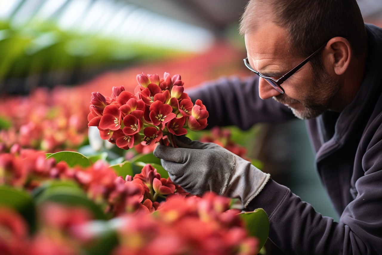 Man deadheading kalanchoe flowers in houseplant nursery