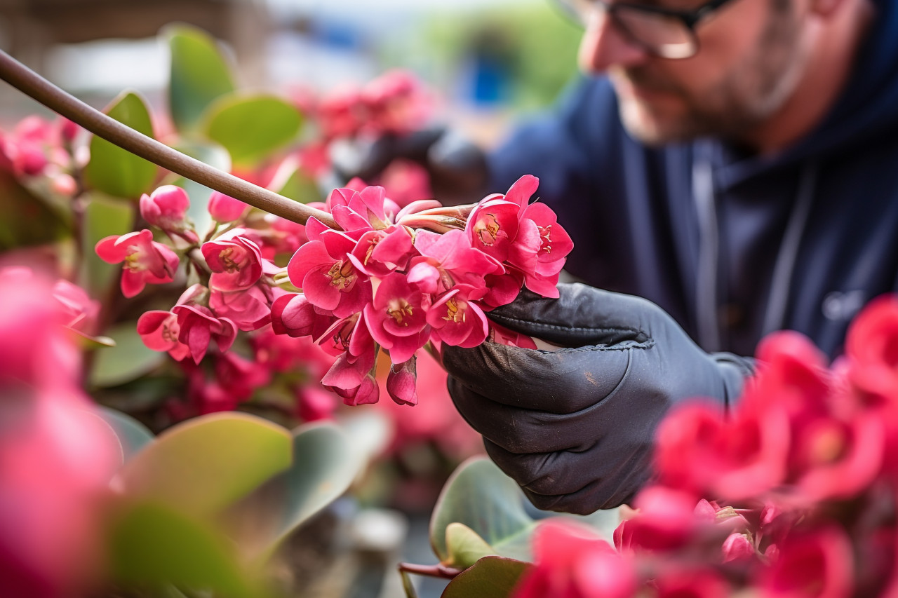 Man deadheading kalanchoe flowers in houseplant nursery