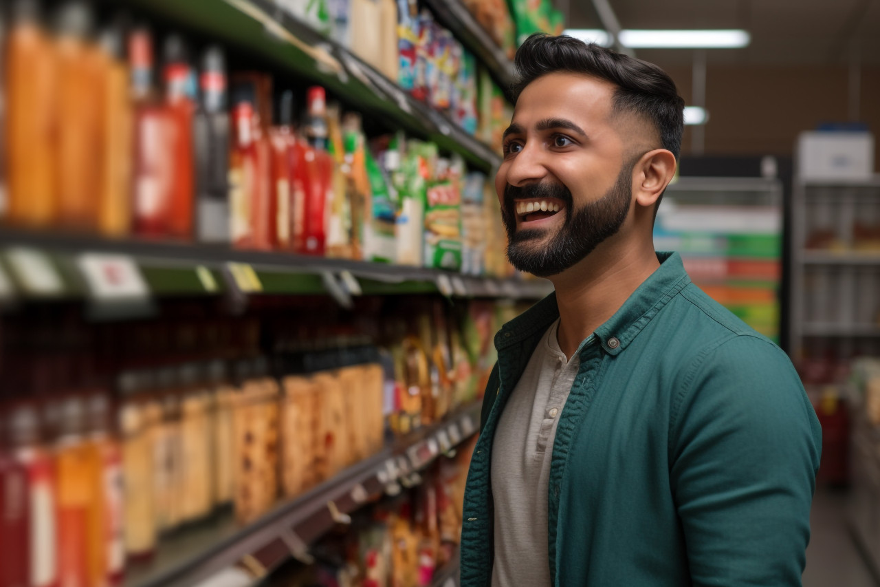 Happy indian man grocery shopping