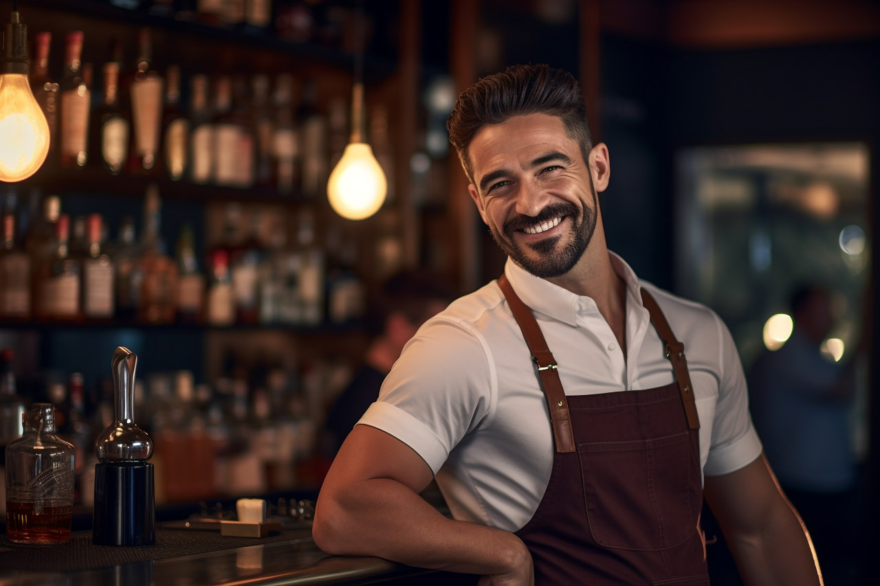 Smiling young bartender at his favorite bar