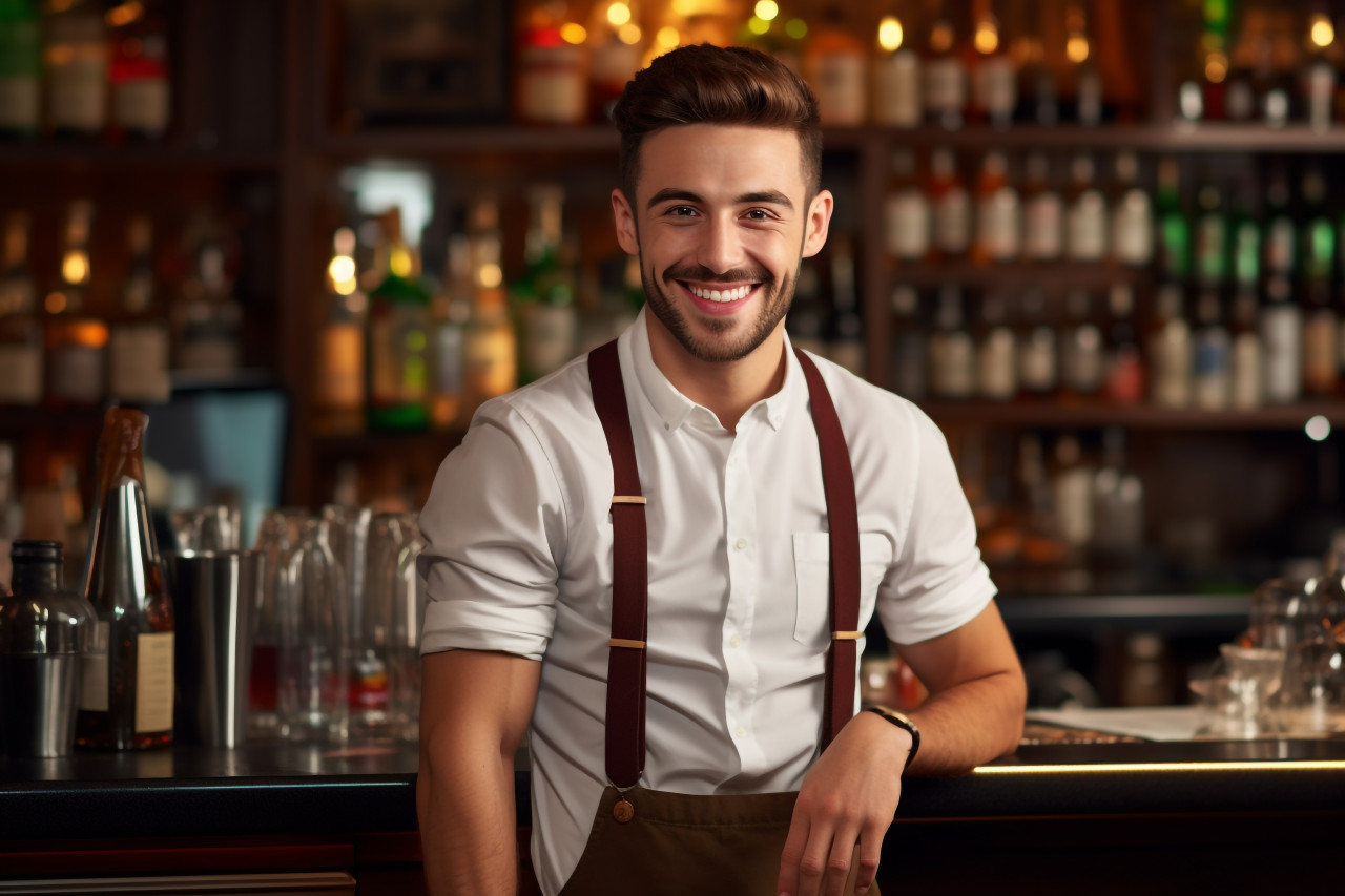 Smiling young bartender at his favorite bar