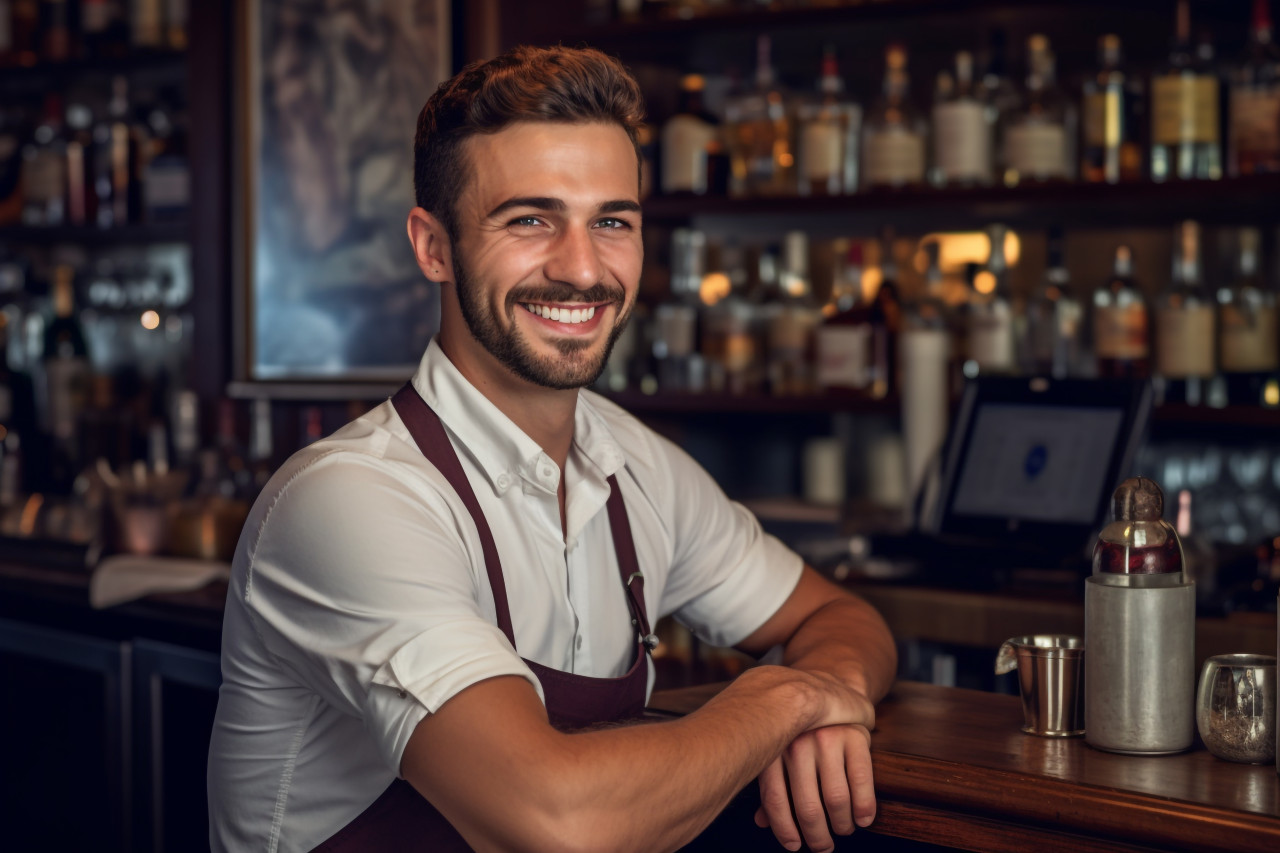 Smiling young bartender at his favorite bar