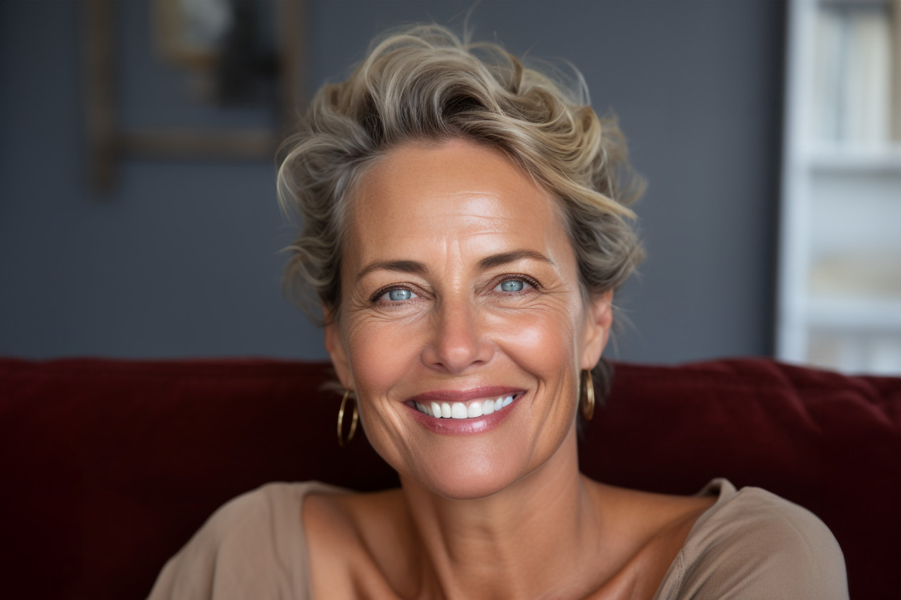 Smiling middle aged woman with gray hair looking at camera