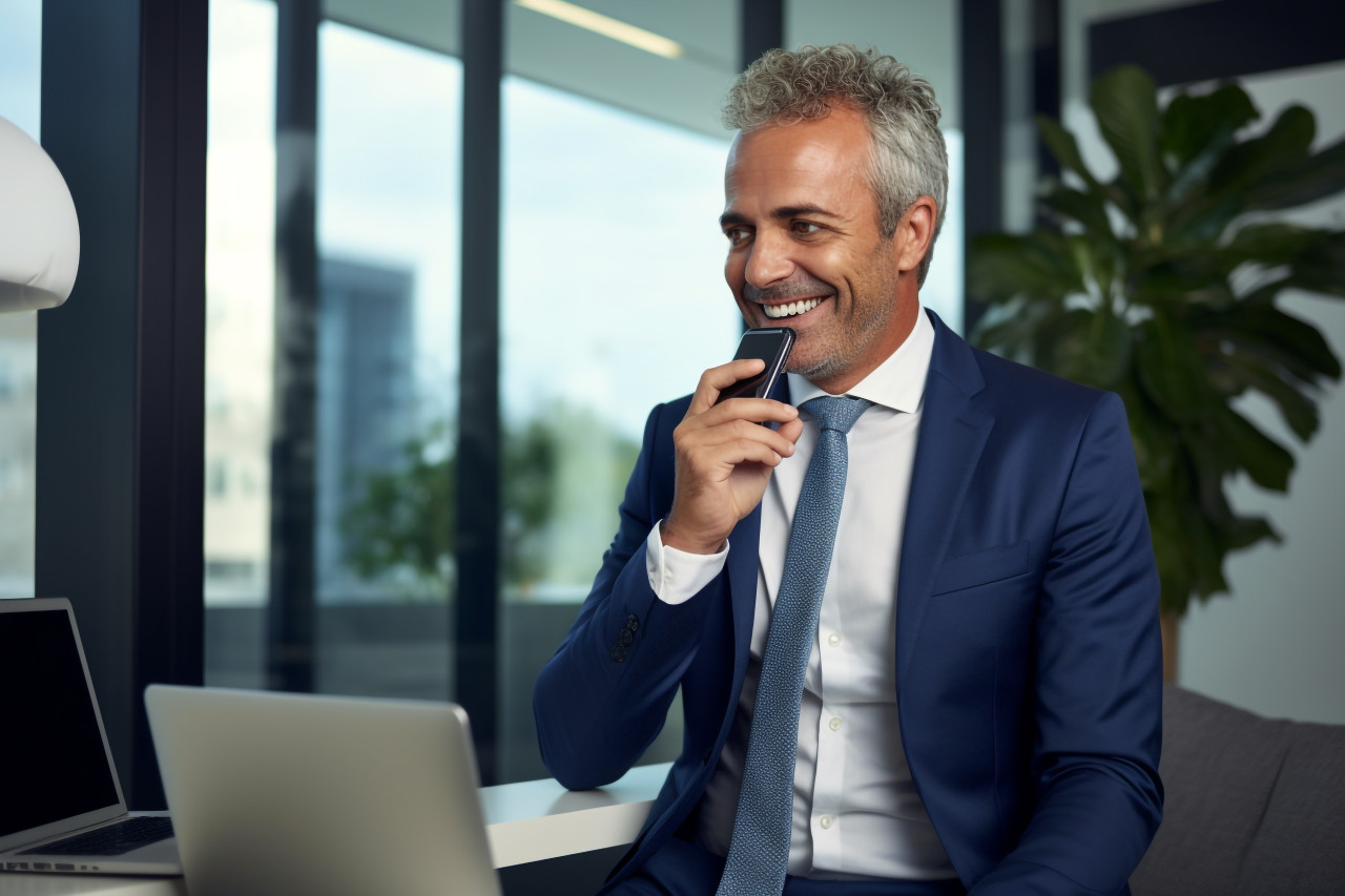 Smiling ceo uses business apps on phone