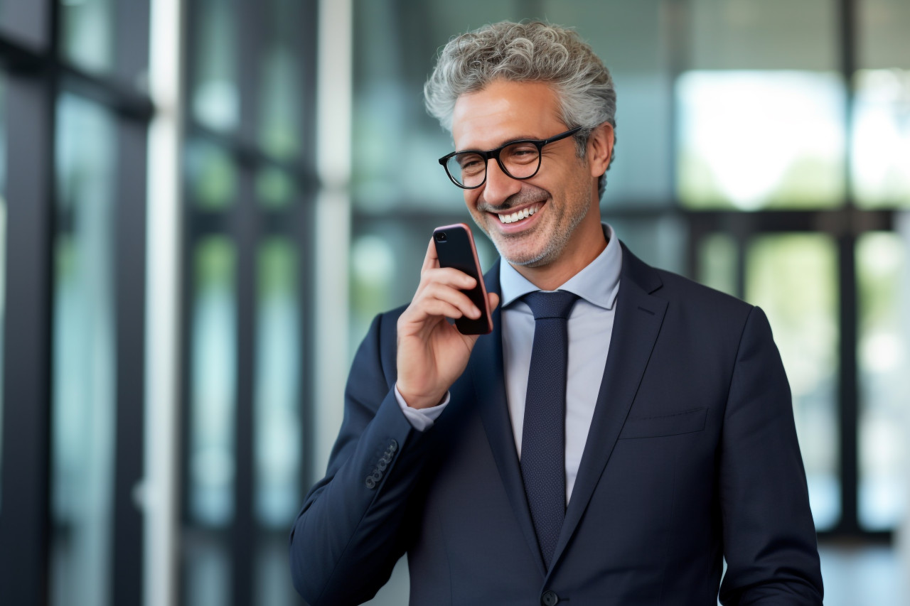 Smiling ceo uses business apps on phone