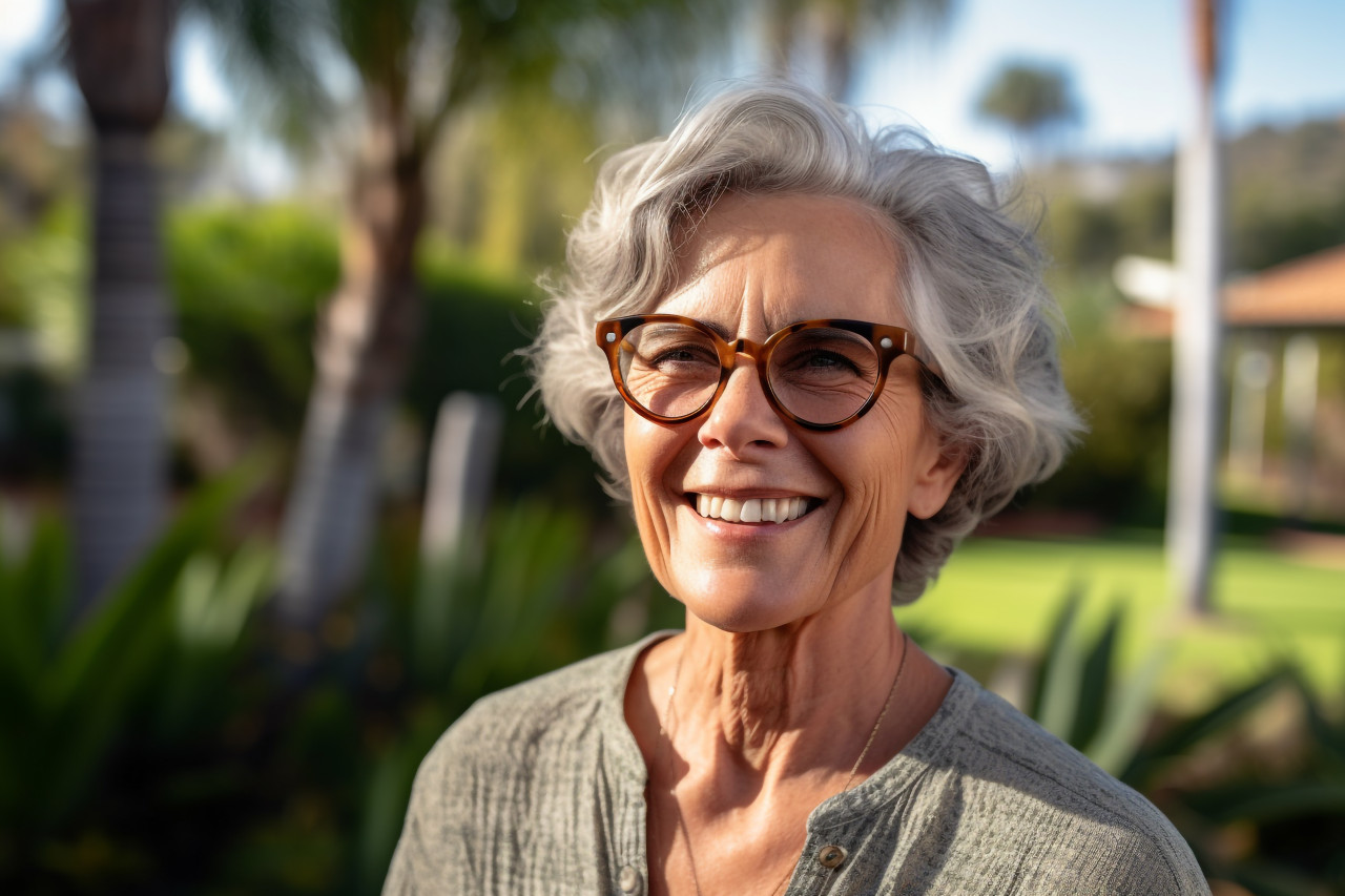 Smiling mature woman with grey hair looking at camera