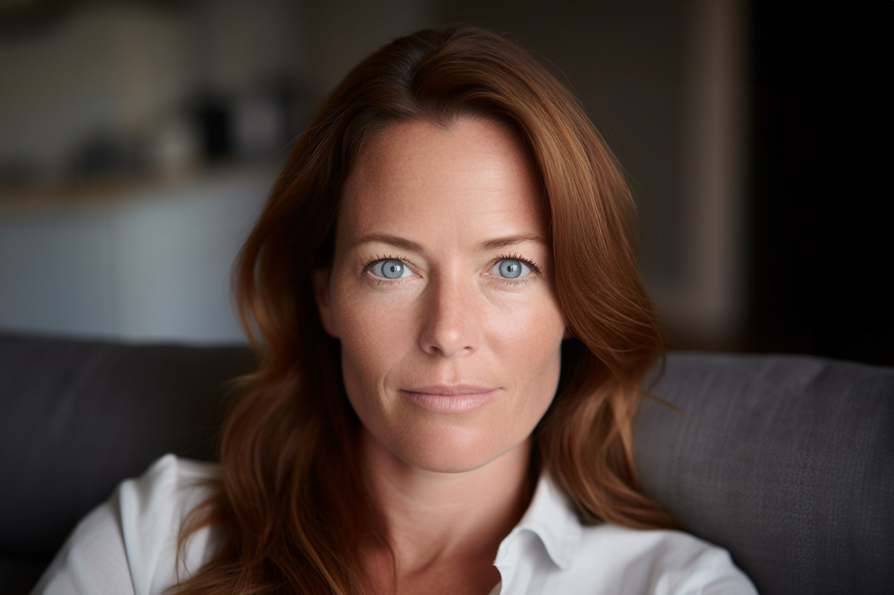 Smiling middle aged woman with gray hair looking at camera