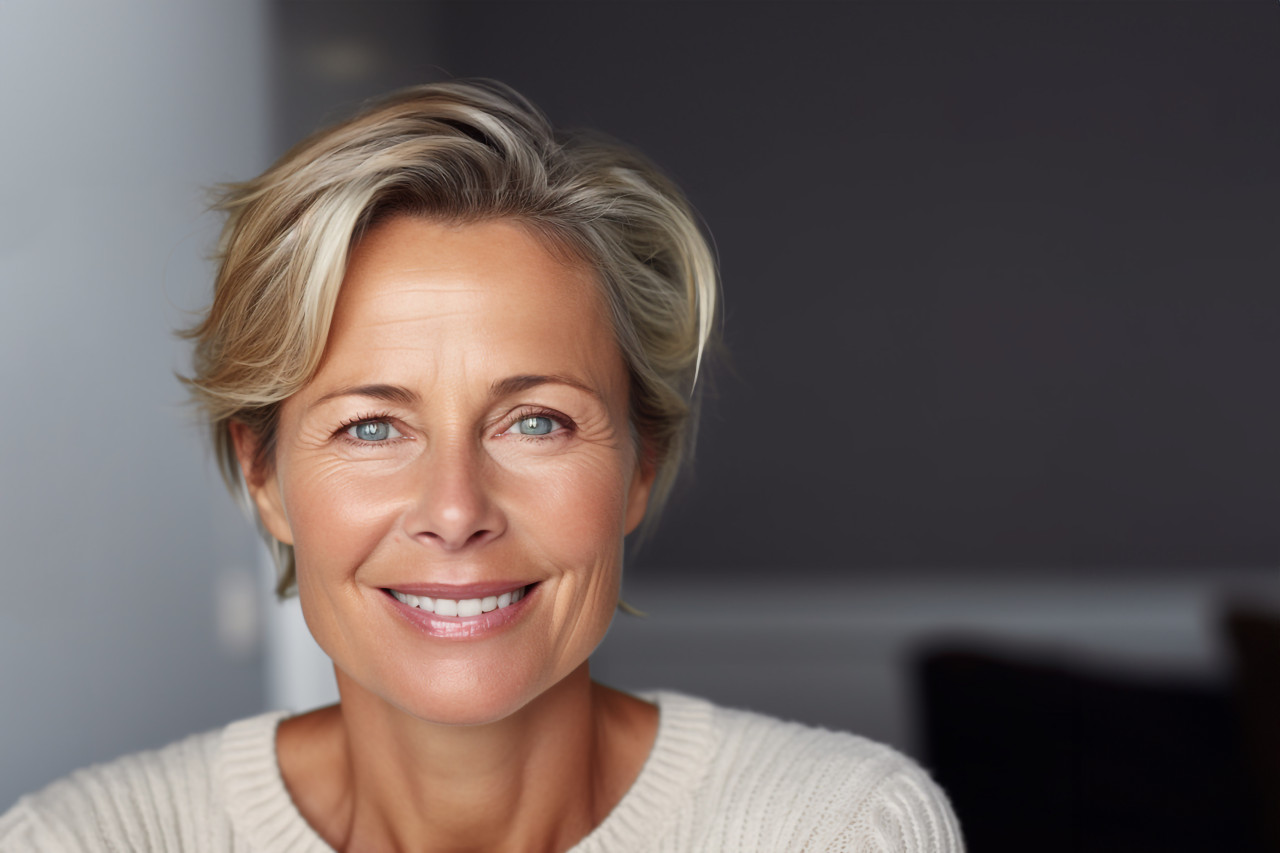 Smiling middle aged woman with gray hair looking at camera