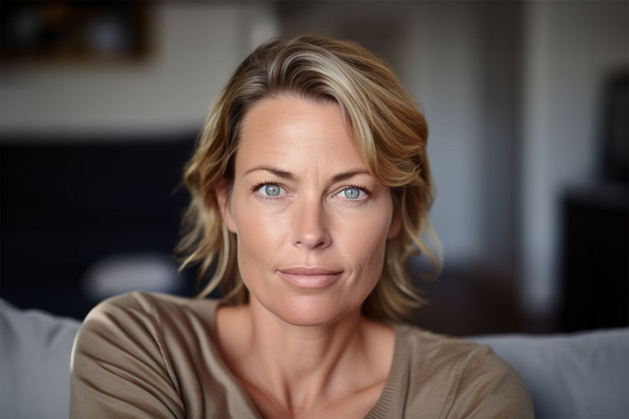 Smiling middle aged woman with gray hair looking at camera