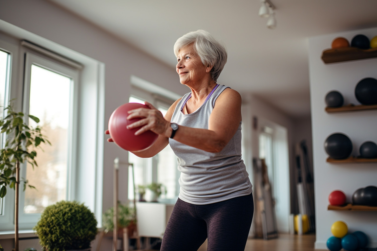 Active senior woman exercising at home
