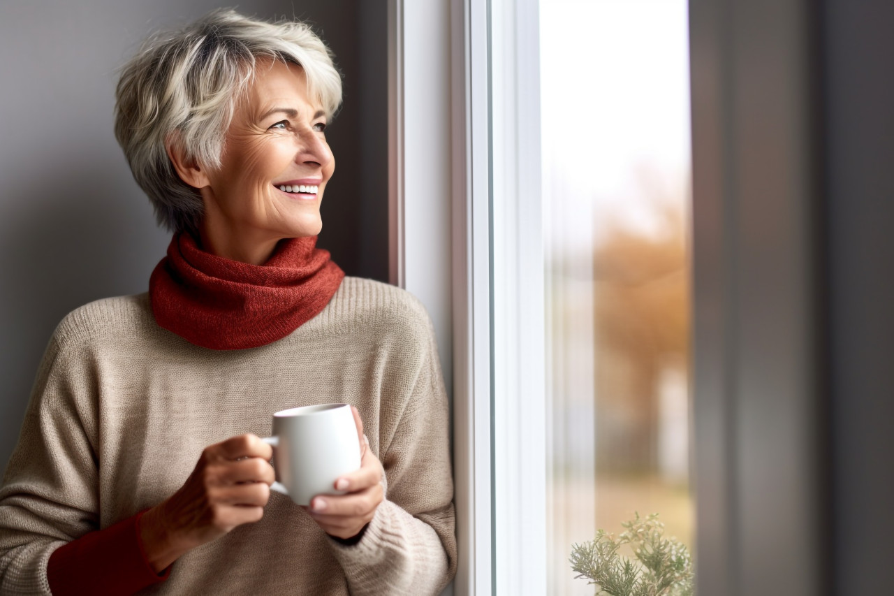 Smiling senior woman with hot drink at home looking away
